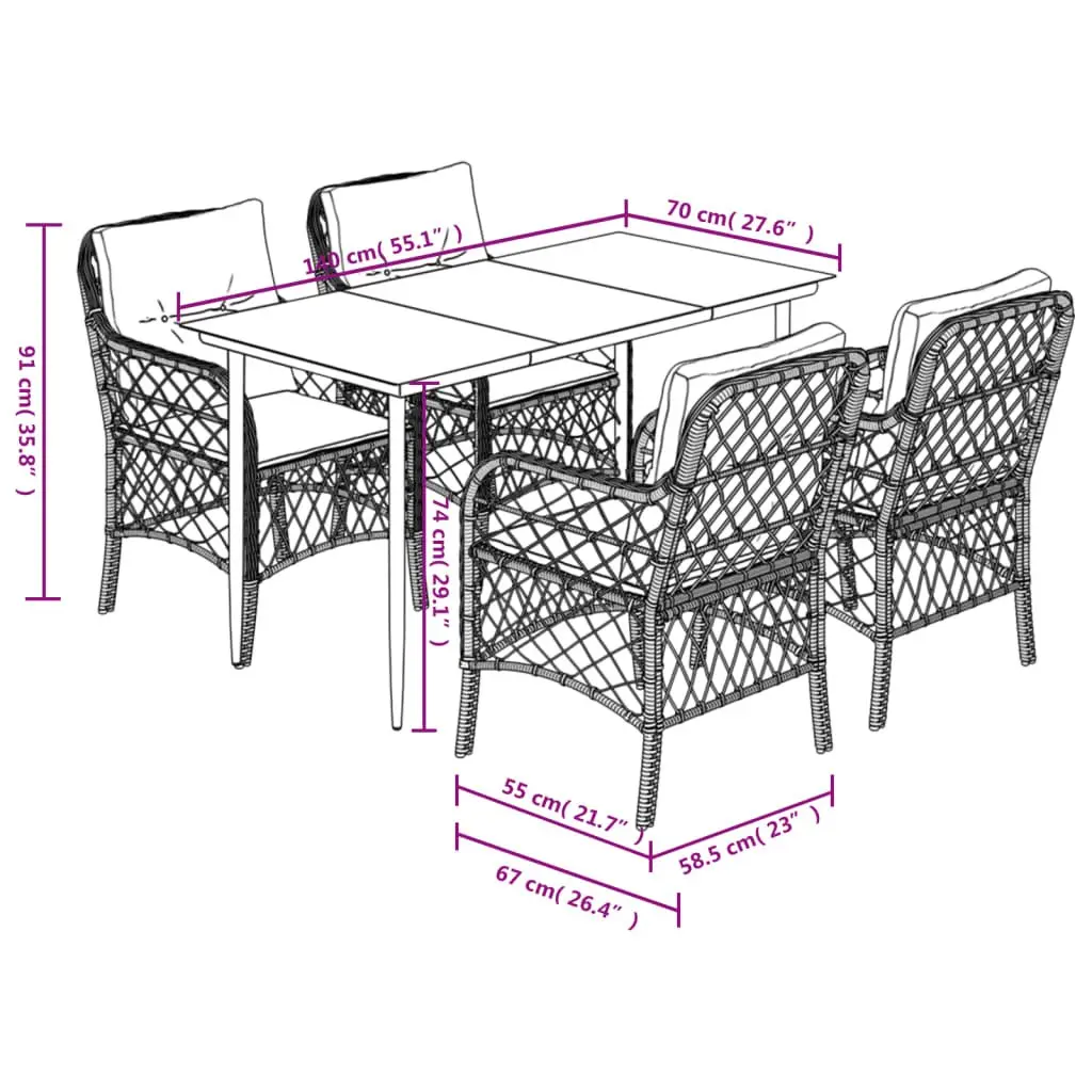 Outdoor Dining Set 5 Piece Garden Furniture Black Poly Rattan with Cushions