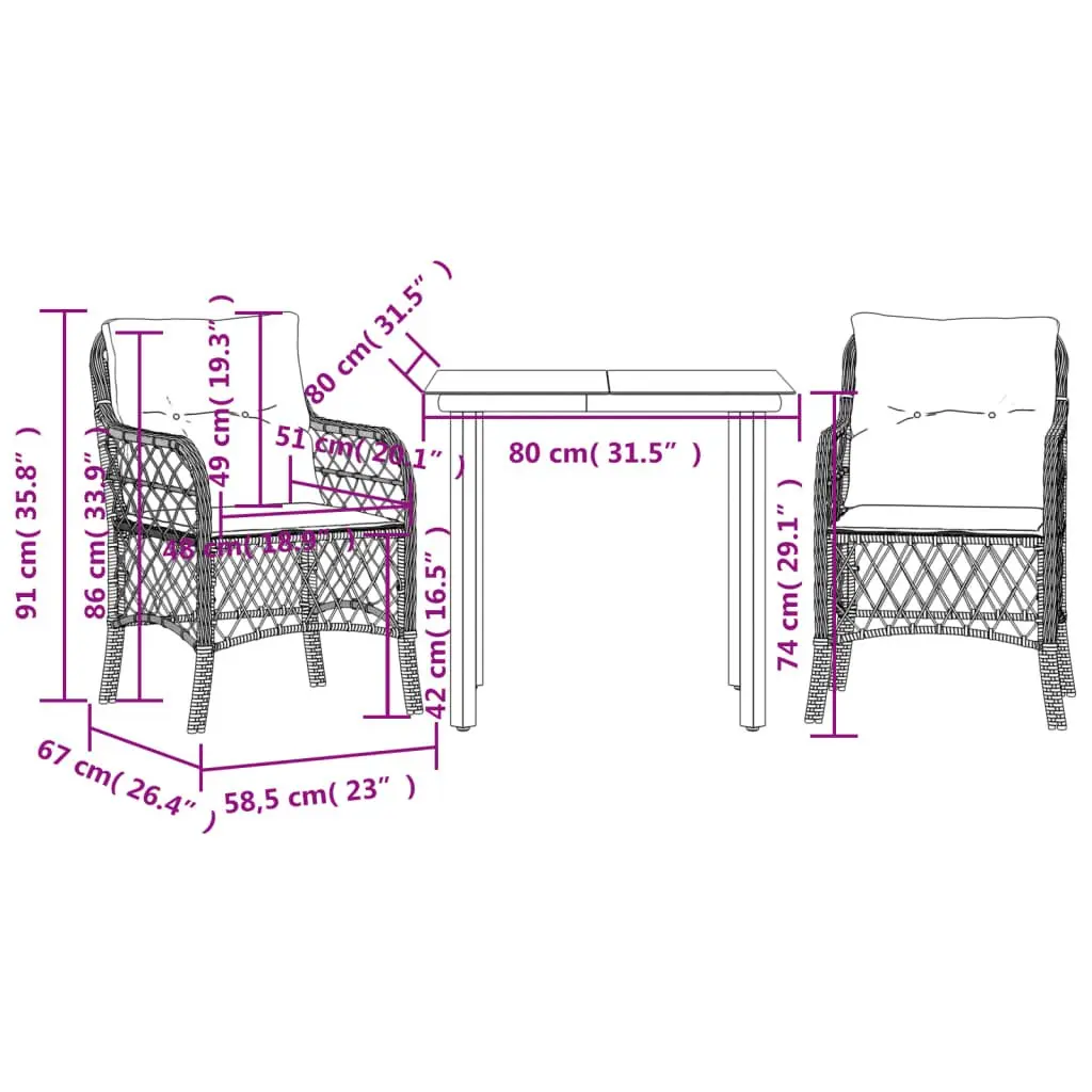 Outdoor Bistro Set 3 Piece Garden Furniture with Cushions Black Poly Rattan