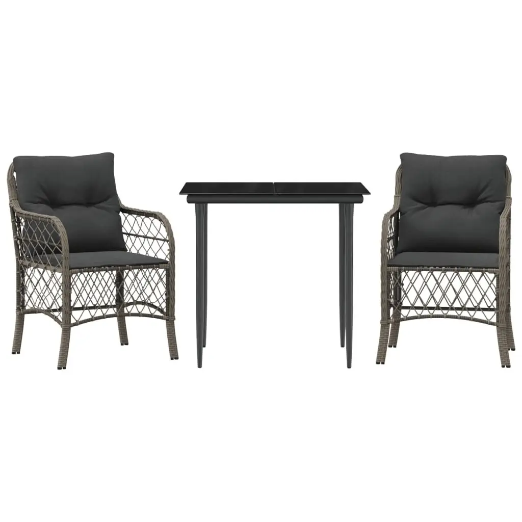 3 Piece Bistro Set Grey Poly Rattan Outdoor Garden Patio Furniture with Cushions