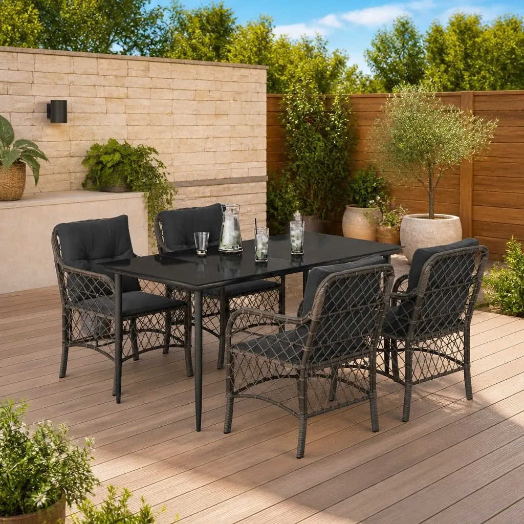 Garden Dining Set 5 Piece Outdoor Furniture Grey Poly Rattan with Cushions Patio