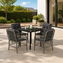 5 Piece Outdoor Garden Dining Set with Cushions Grey Poly Rattan Patio Furniture