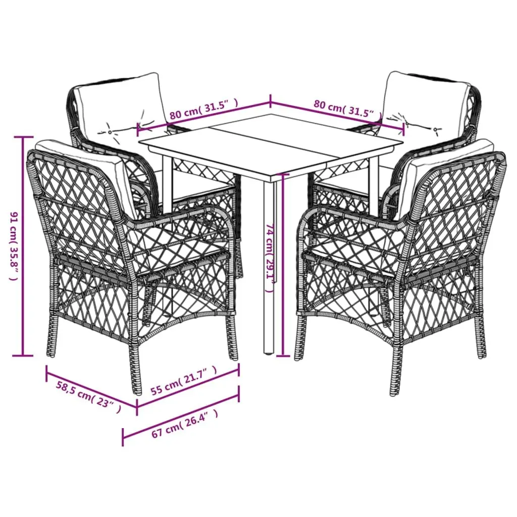 5 Piece Outdoor Garden Dining Set with Cushions Grey Poly Rattan Patio Furniture