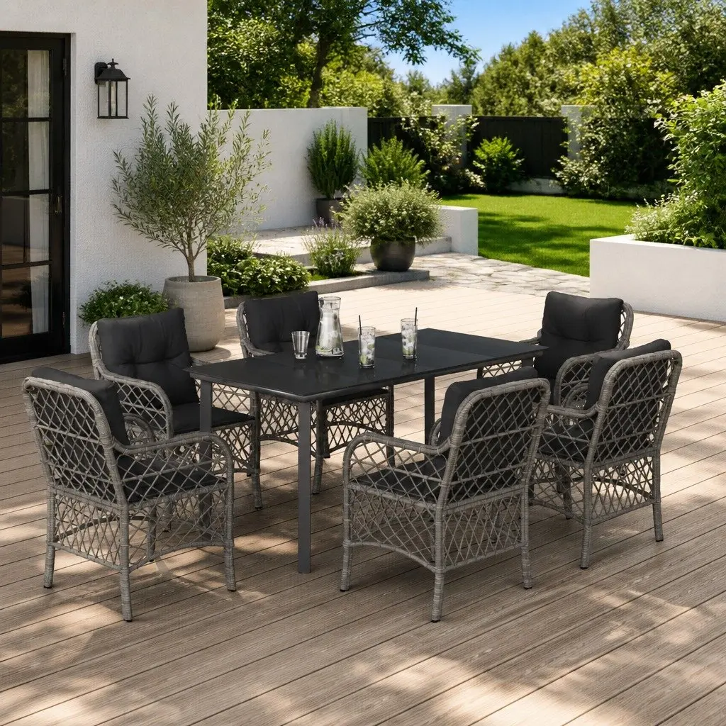 7-Piece Garden Dining Set with Cushions Grey Poly Rattan Outdoor Furniture