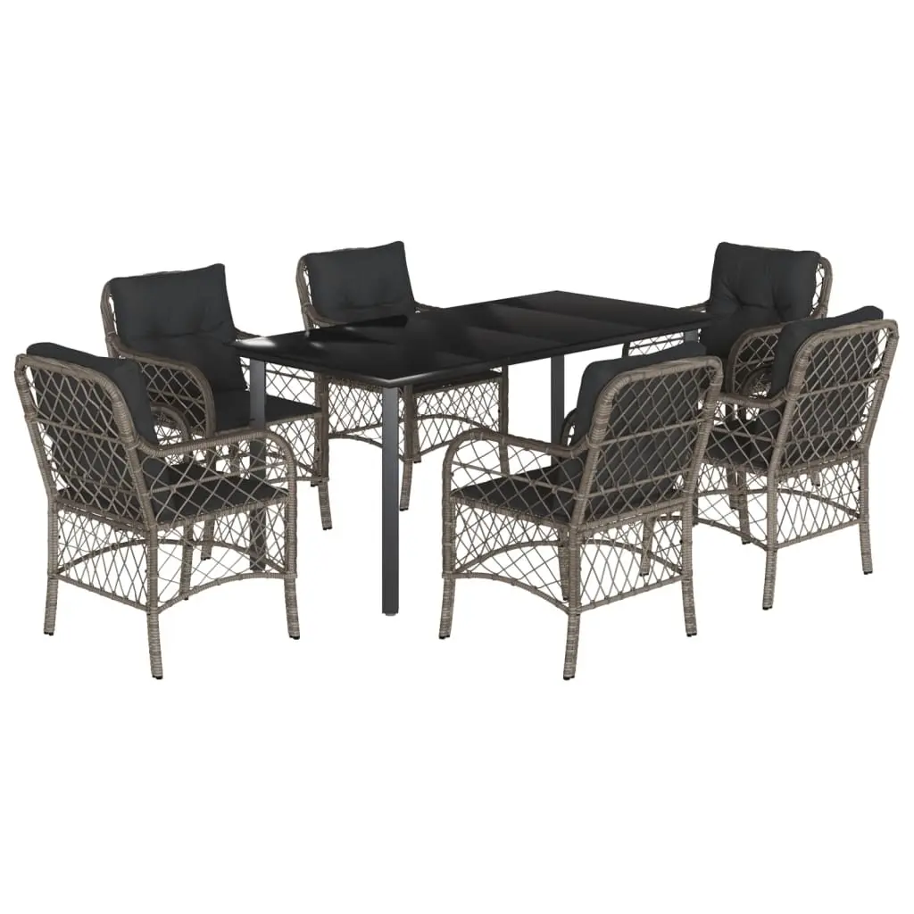 7-Piece Garden Dining Set with Cushions Grey Poly Rattan Outdoor Furniture