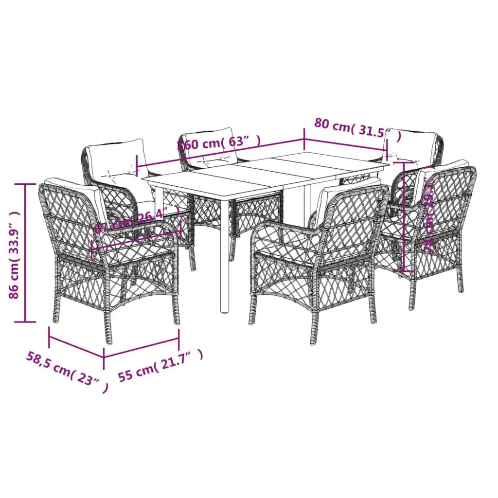 7-Piece Garden Dining Set with Cushions Grey Poly Rattan Outdoor Furniture