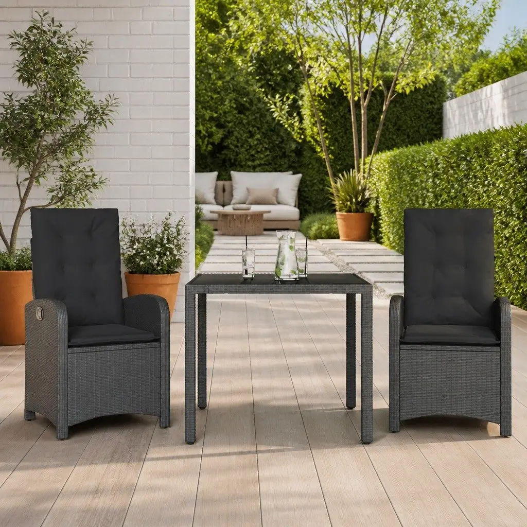 3 Piece Garden Dining Set with Cushions Black Poly Rattan Outdoor Furniture