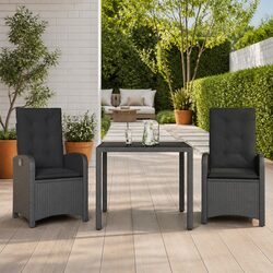 3 Piece Garden Dining Set with Cushions Black Poly Rattan Outdoor Furniture