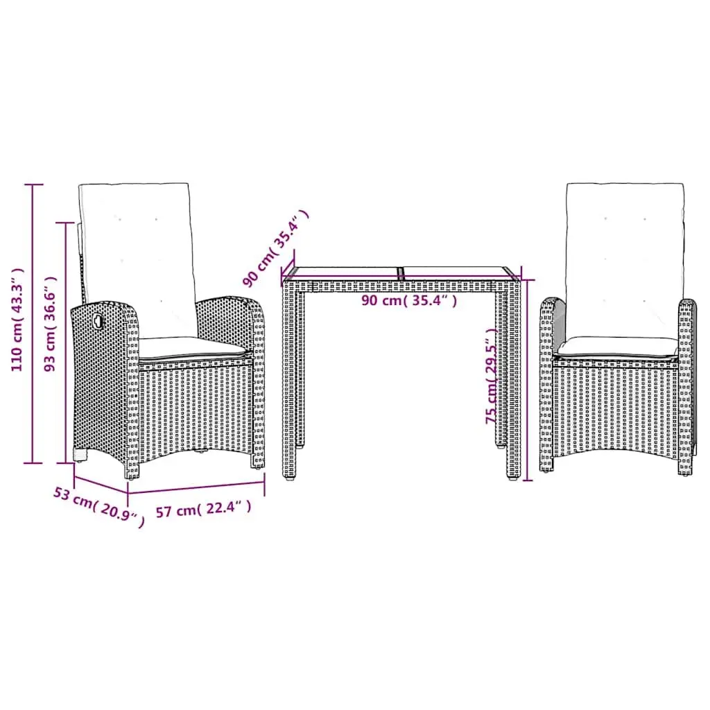 3 Piece Garden Dining Set with Cushions Black Poly Rattan Outdoor Furniture