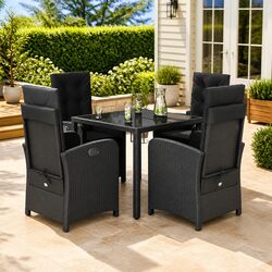 5 Piece Outdoor Garden Dining Set Black Poly Rattan with Cushions Glass Table