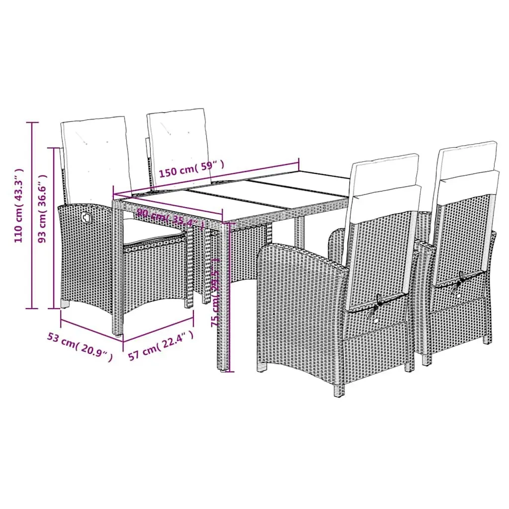 5 Piece Outdoor Dining Set Poly Rattan Black Chairs Table Patio Furniture