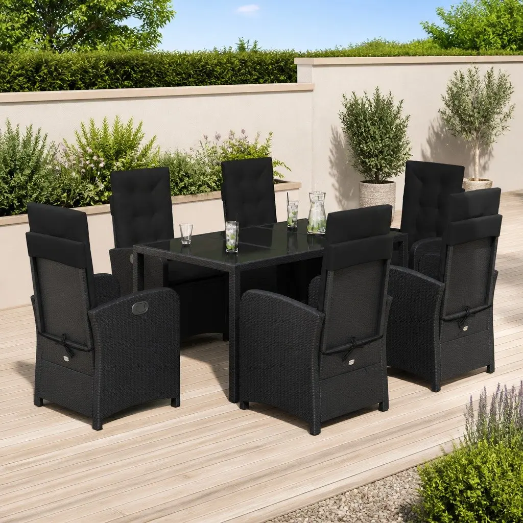 Outdoor Dining Set 7 Piece Garden Furniture Black Poly Rattan with Cushions