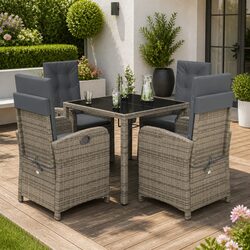 Outdoor Garden Dining Set 5 Piece Grey Poly Rattan Chairs Table Cushions