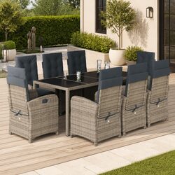 Garden Dining Set 9 Piece Outdoor Furniture Grey Poly Rattan Cushions Glass