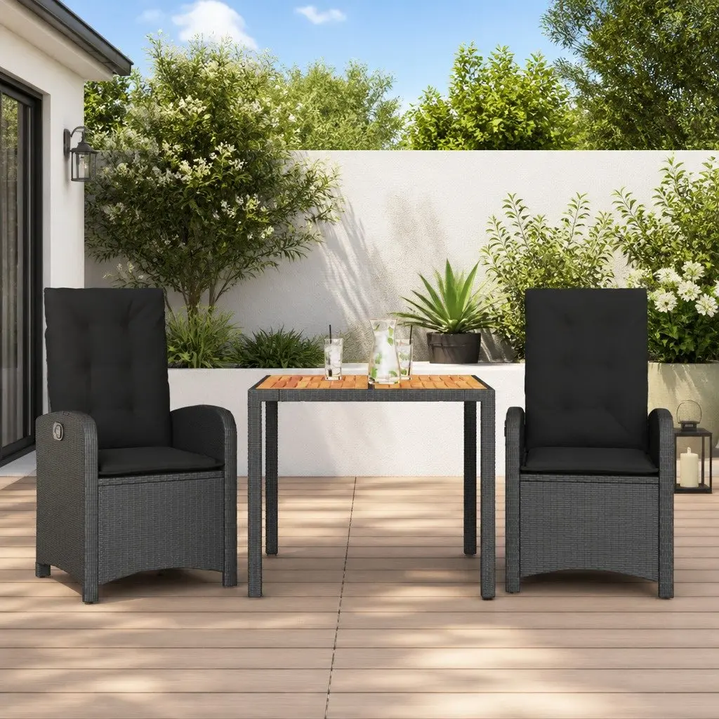 3 Piece Outdoor Dining Set Black Poly Rattan Furniture Garden Patio Table Chairs