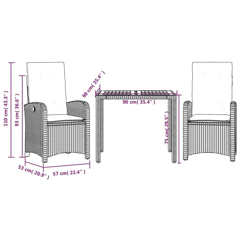 3 Piece Outdoor Dining Set Black Poly Rattan Furniture Garden Patio Table Chairs