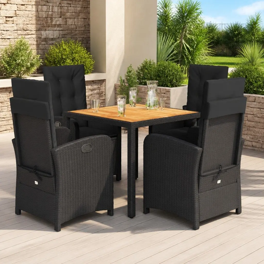 5 Piece Outdoor Dining Set Black Poly Rattan Garden Furniture with Cushions