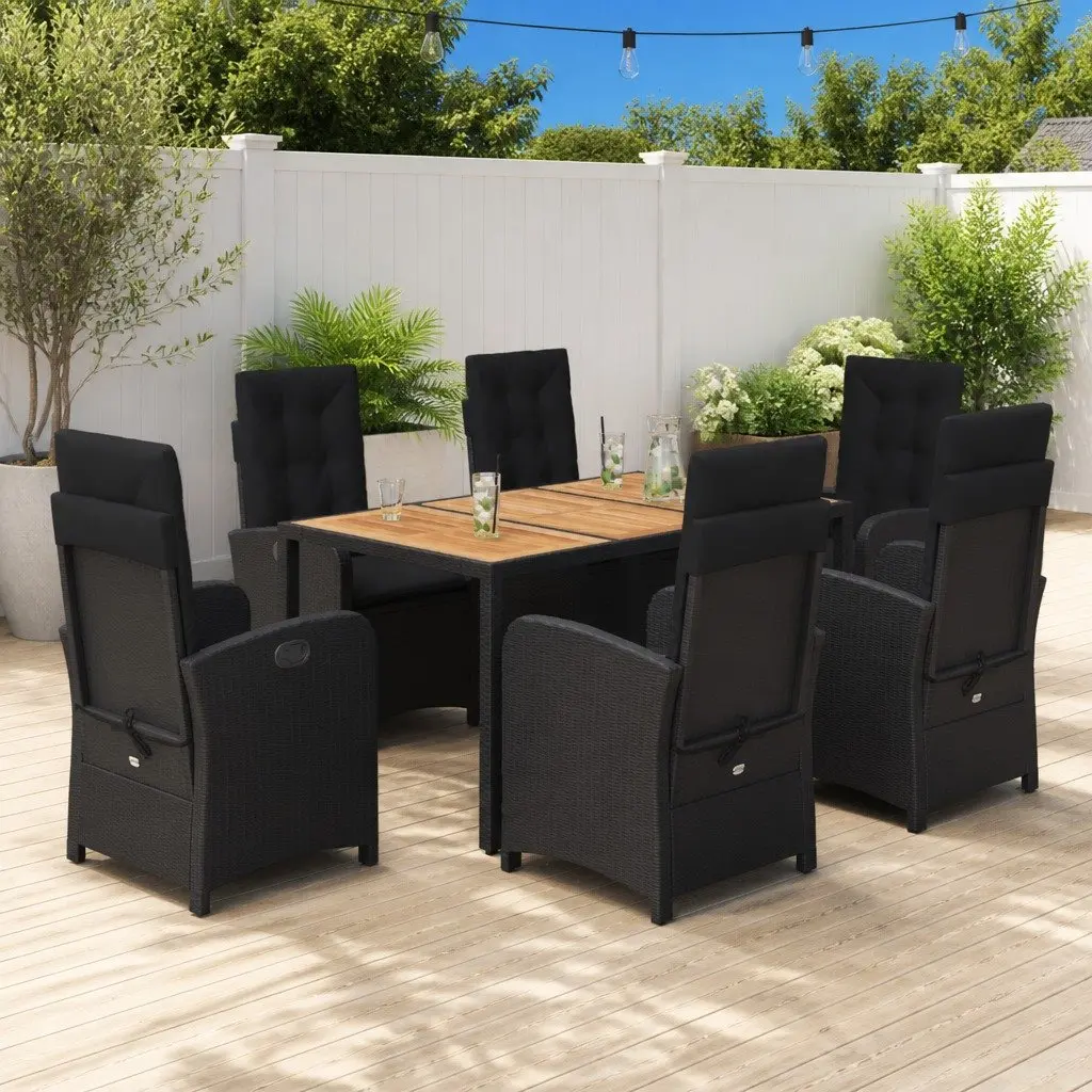 7 Piece Outdoor Dining Set Garden Furniture Black Poly Rattan with Cushions