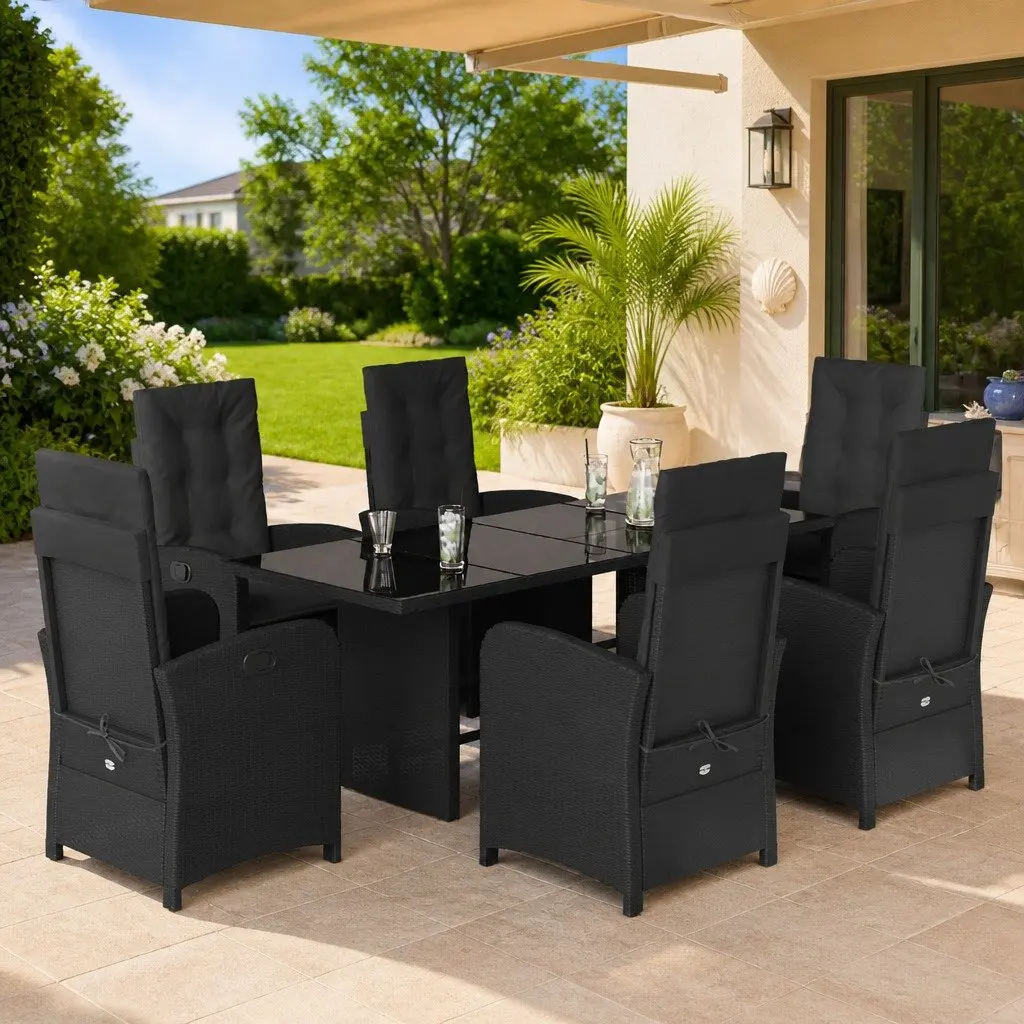 7 Piece Outdoor Garden Dining Set Black Poly Rattan with Cushions Patio