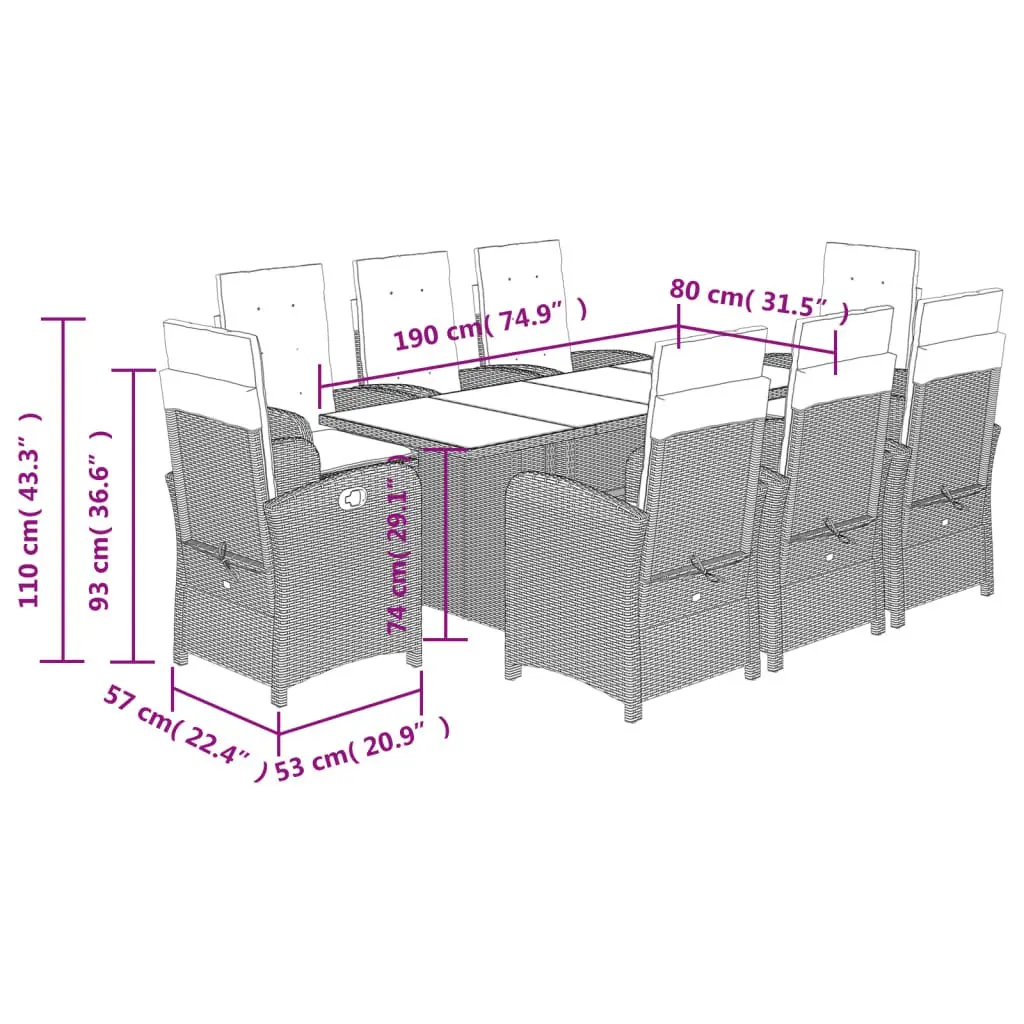 Outdoor Dining Set 9 Piece Garden Furniture Grey Poly Rattan with Cushions
