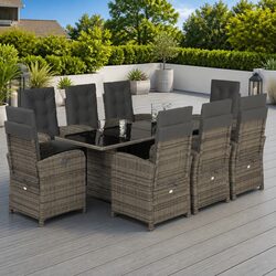 Garden Dining Set 9 Piece Outdoor Furniture Grey Poly Rattan Adjustable Backrest