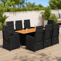 9 Piece Outdoor Garden Dining Set Black Poly Rattan Chairs Table with Cushions