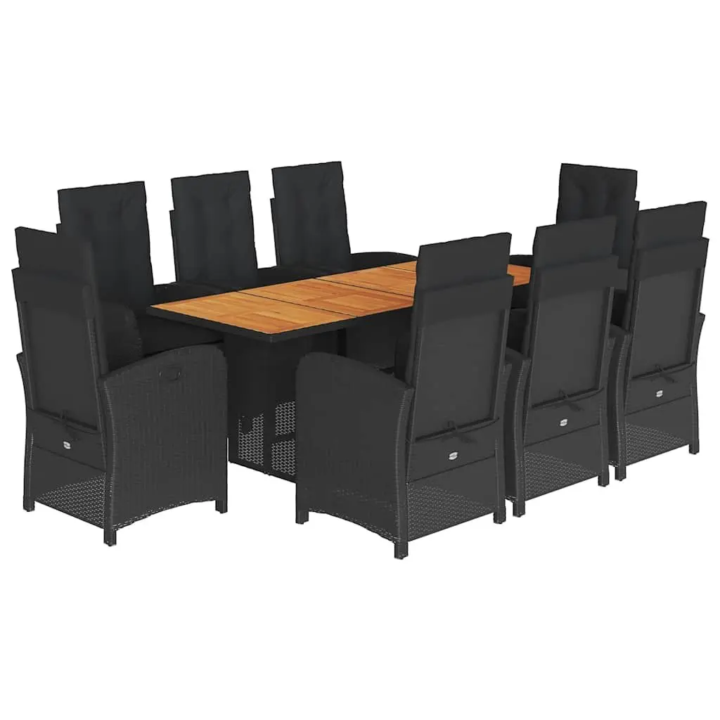 Outdoor Garden Dining Set 9 Piece Black Poly Rattan Chairs Table Cushions
