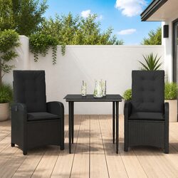Outdoor Garden Dining Set 3 Piece Black Poly Rattan with Cushions Glass Table