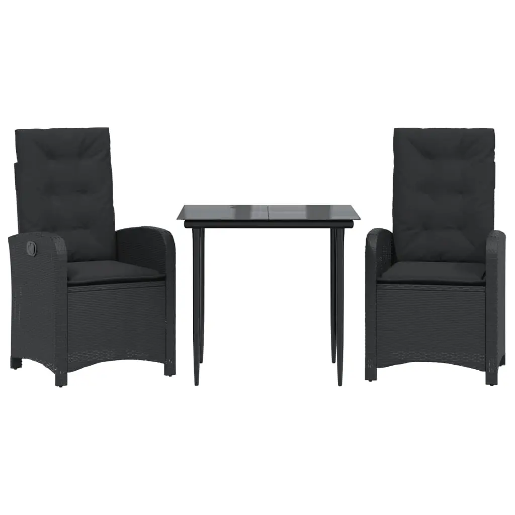 Outdoor Garden Dining Set 3 Piece Black Poly Rattan with Cushions Glass Table