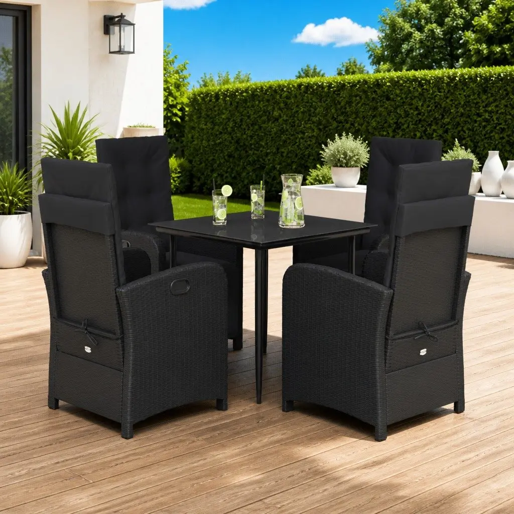 Garden Dining Set 5 Piece Outdoor Furniture Black Poly Rattan with Cushions
