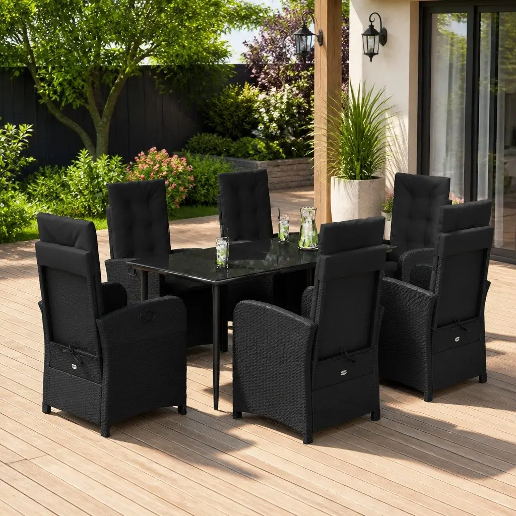 7 Piece Garden Dining Set Black Poly Rattan Outdoor Furniture with Cushions