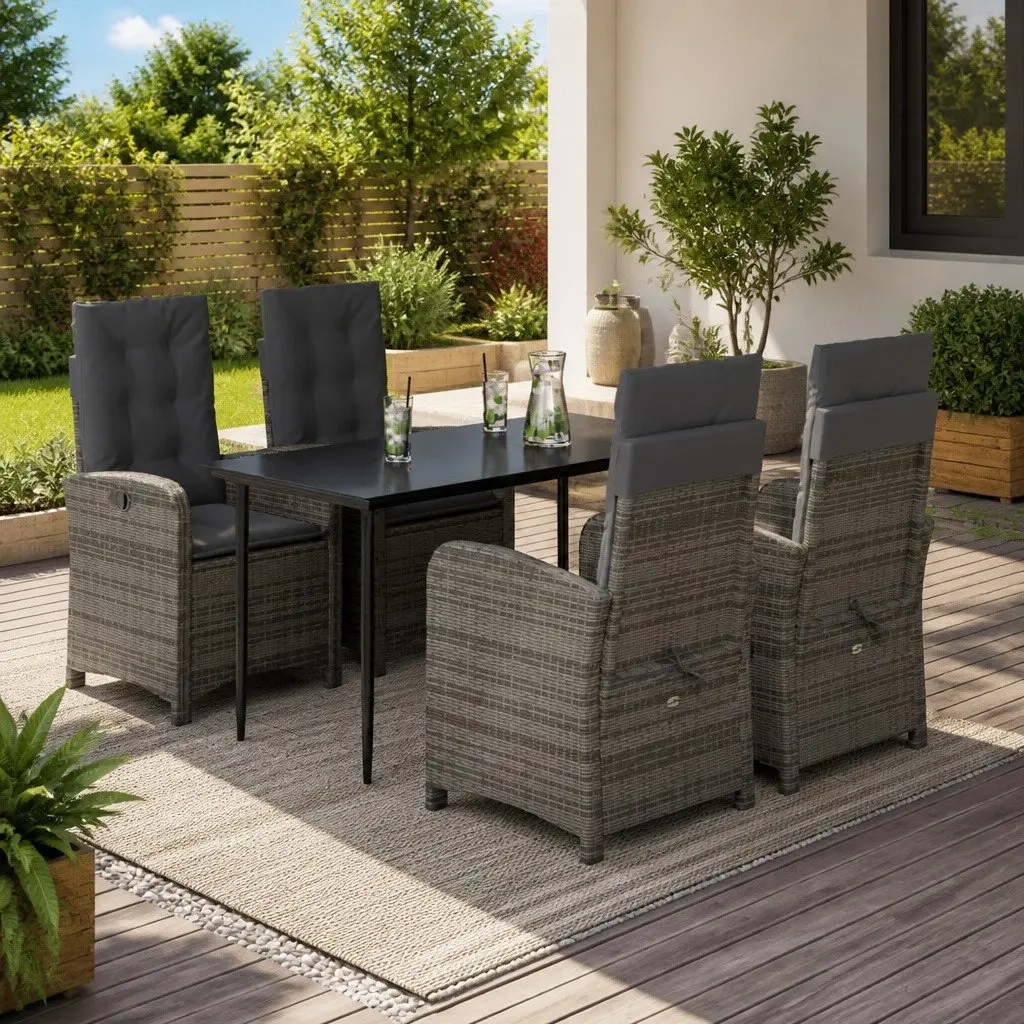 5 Piece Garden Dining Set with Cushions Adjustable Backrest Grey PE Rattan Outdoor Furniture