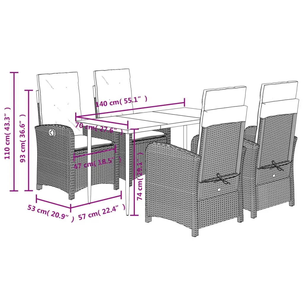 5 Piece Garden Dining Set with Cushions Adjustable Backrest Grey PE Rattan Outdoor Furniture