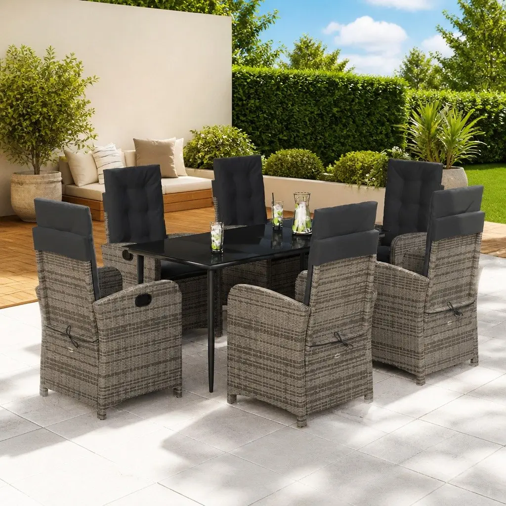 7 Piece Garden Dining Set with Cushions Grey Outdoor Patio Furniture Rattan