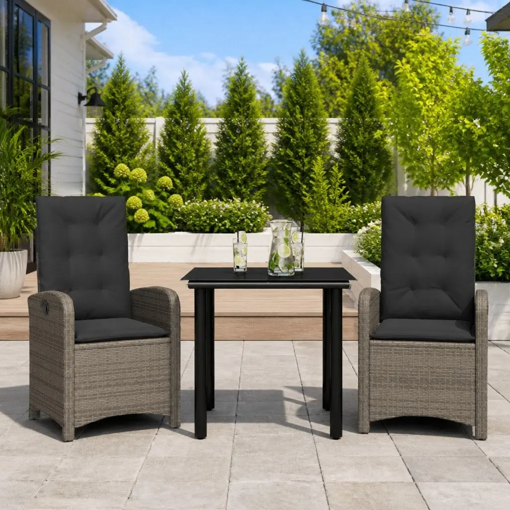 Garden Dining Set 3 Piece Grey Poly Rattan with Cushions Adjustable Backrest