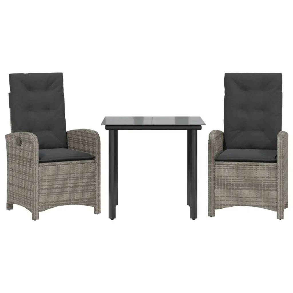 Garden Dining Set 3 Piece Grey Poly Rattan with Cushions Adjustable Backrest