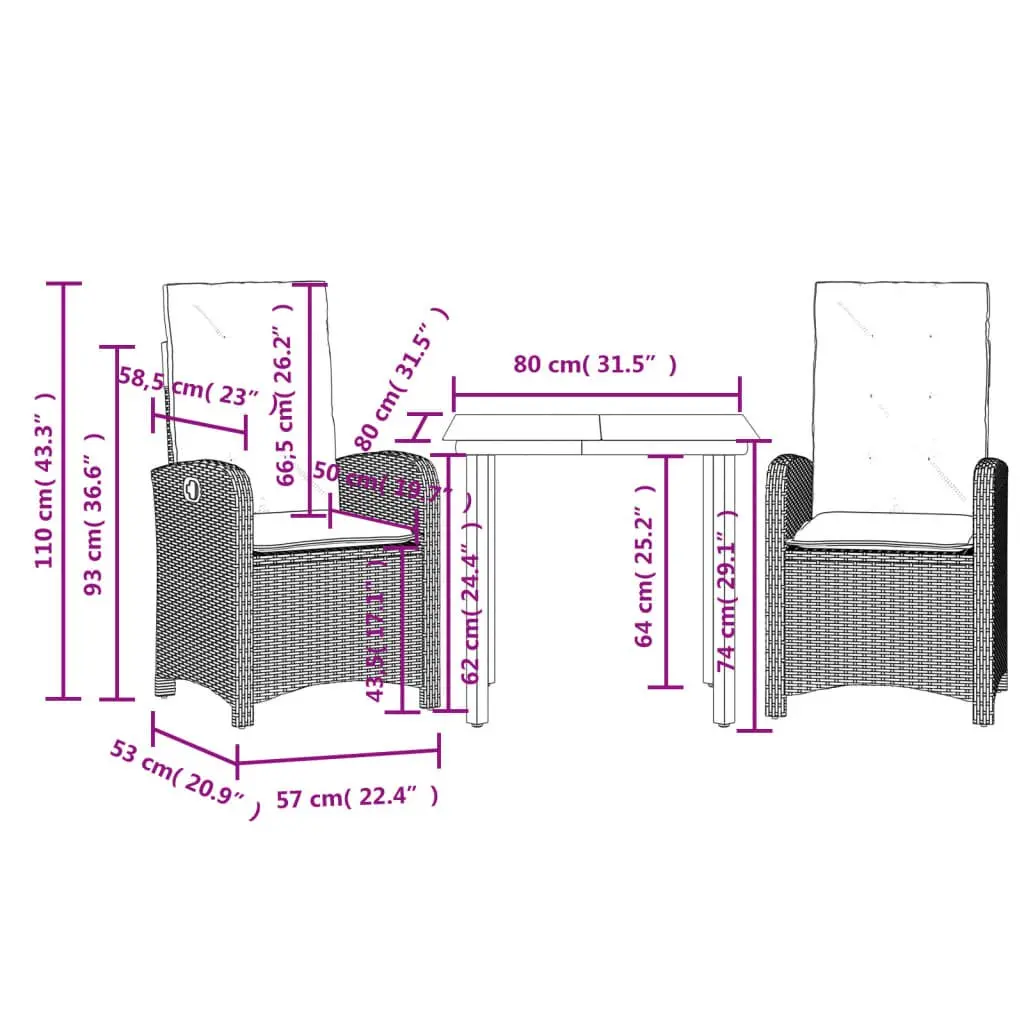 Garden Dining Set 3 Piece Grey Poly Rattan with Cushions Adjustable Backrest