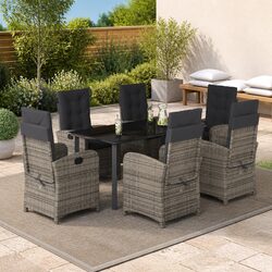 7 Piece Garden Dining Set Poly Rattan Grey with Cushions Outdoor Patio Furniture