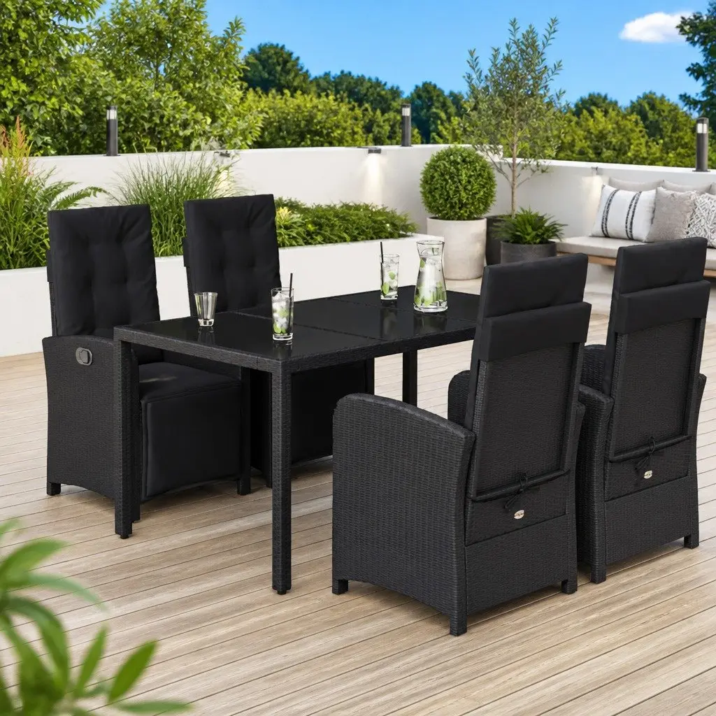 5 Piece Outdoor Garden Dining Set Poly Rattan Chairs Table Cushions Black