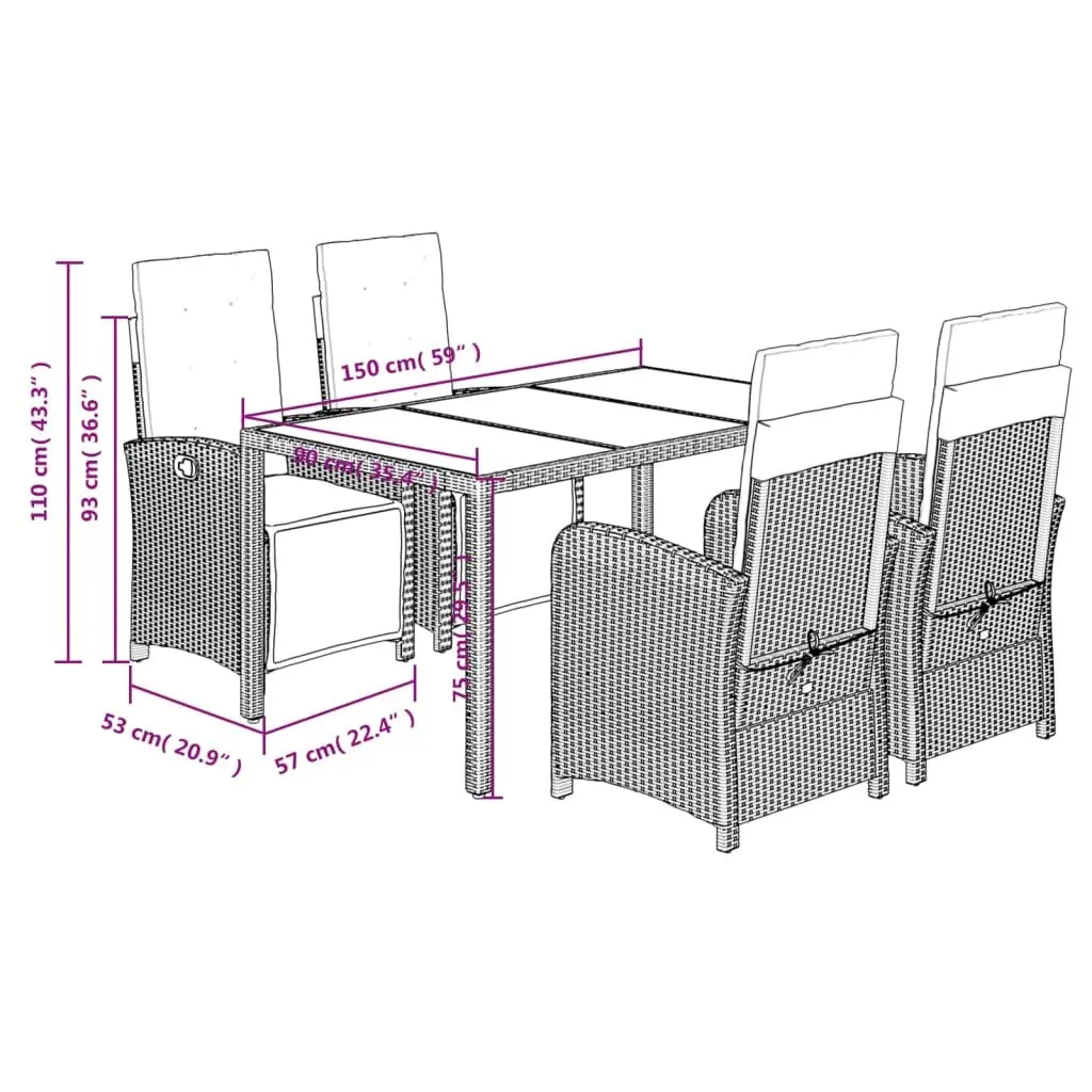 5 Piece Outdoor Garden Dining Set Poly Rattan Chairs Table Cushions Black