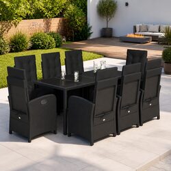 9 Piece Outdoor Garden Dining Set Black Poly Rattan Table Chairs with Cushions