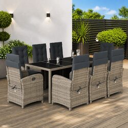 9 Piece Outdoor Garden Dining Set Grey Poly Rattan Chairs Table Cushions