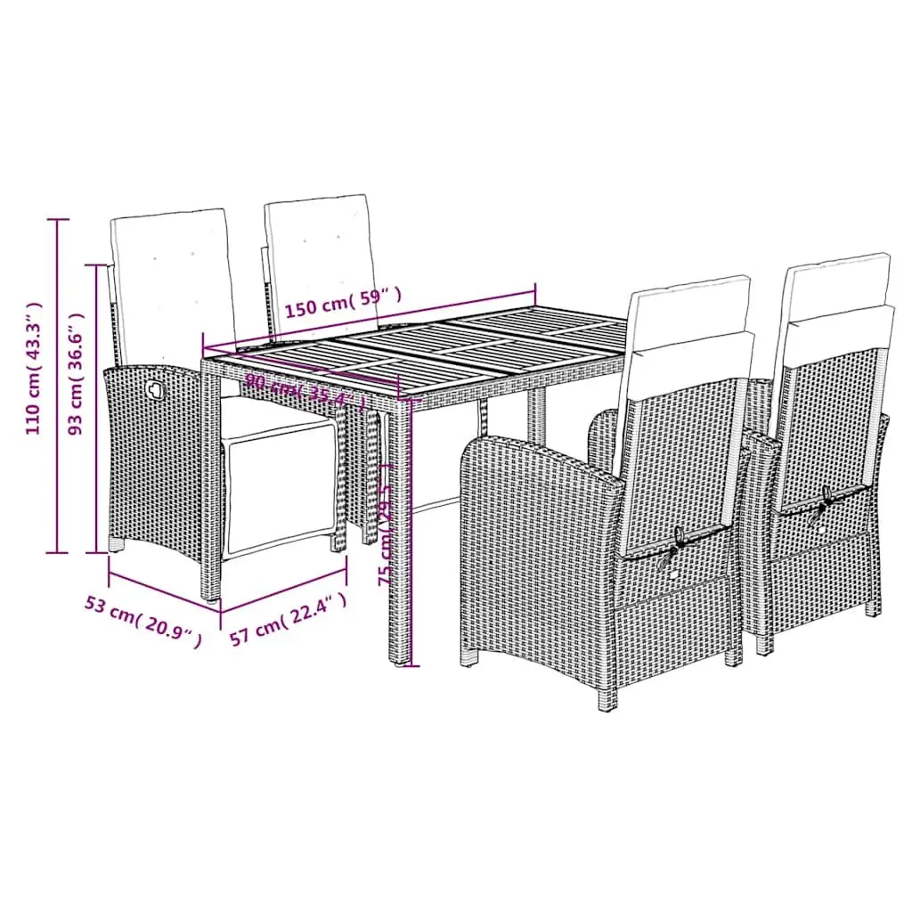 Garden Dining Set 5 Piece Outdoor Furniture Grey Poly Rattan Table Chairs