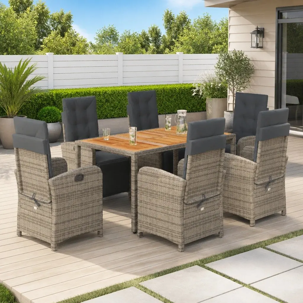 7 Piece Garden Dining Set Grey PE Rattan Outdoor Furniture with Cushions