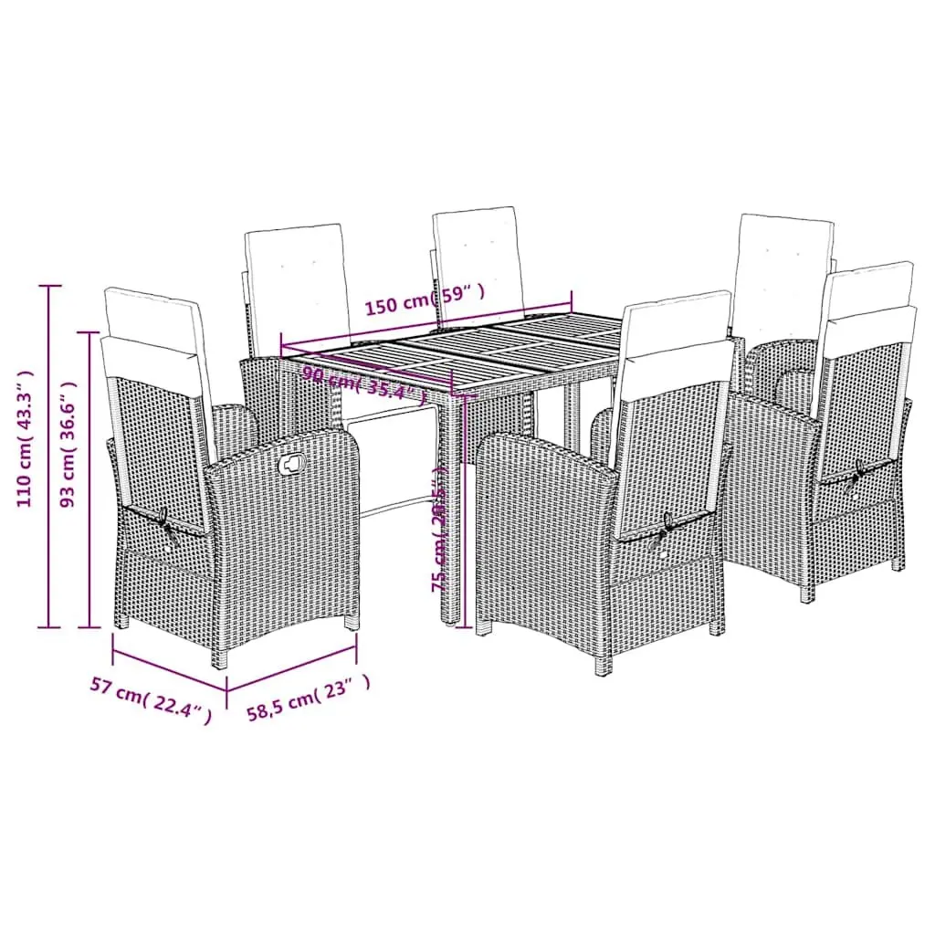 7 Piece Garden Dining Set Grey PE Rattan Outdoor Furniture with Cushions