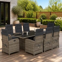 9 Piece Garden Dining Set Grey Poly Rattan with Cushions Outdoor Patio Furniture
