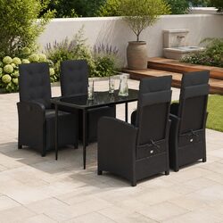 5 Piece Garden Dining Set Black Poly Rattan Outdoor Furniture with Cushions