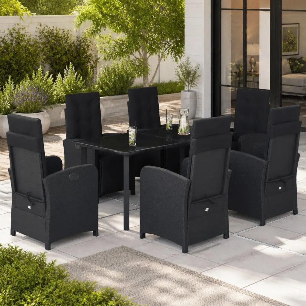 7 Piece Garden Dining Set with Cushions Black Poly Rattan Outdoor Furniture