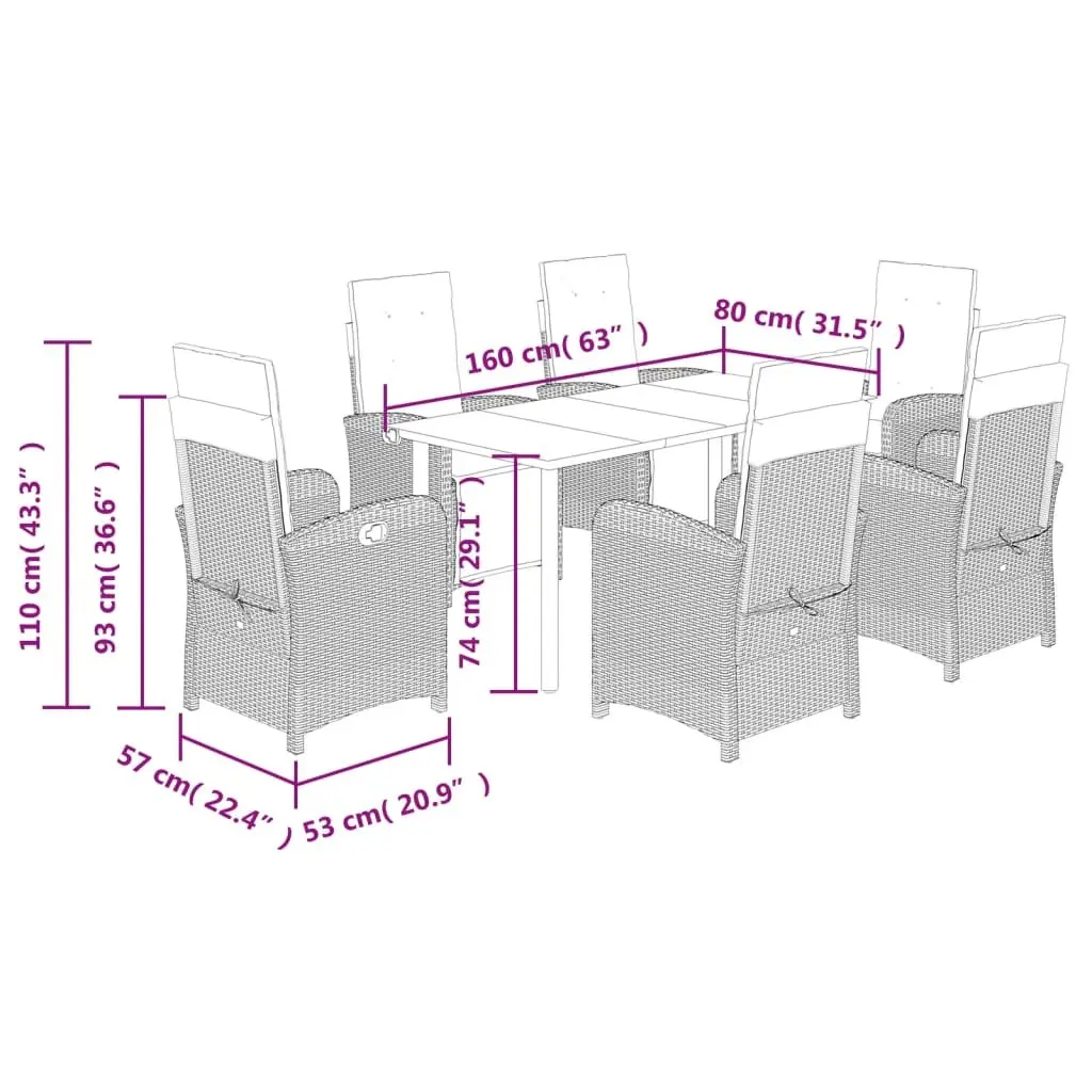7 Piece Garden Dining Set with Cushions Black Poly Rattan Outdoor Furniture
