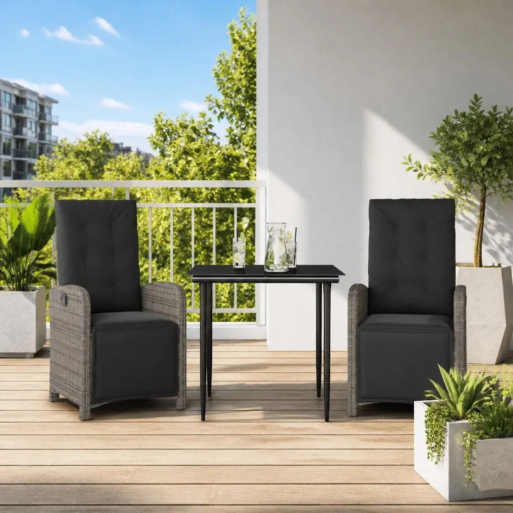 Outdoor Bistro Set 3 Piece Grey Poly Rattan Garden Furniture with Cushions