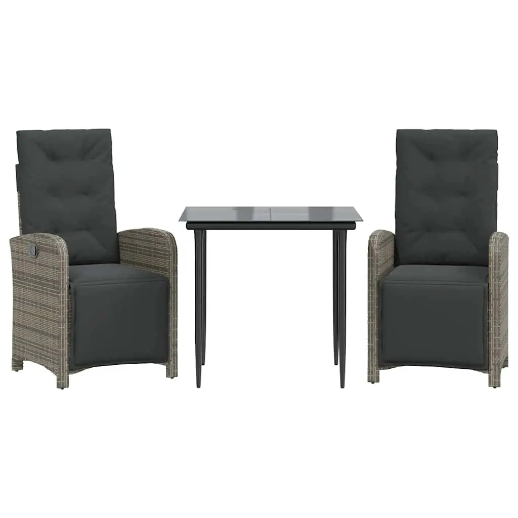 Outdoor Bistro Set 3 Piece Grey Poly Rattan Garden Furniture with Cushions